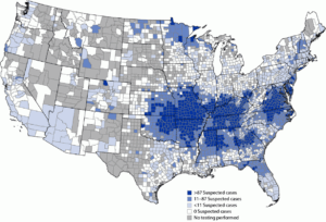 Map of alpha gal IgE testing in the United States from 2017-2022, created by the CDC. Highly affected areas include states like Missouri, Oklahoma, Arkansas, Tennessee, Virginia, the Carolinas, and up the eastern coastline.