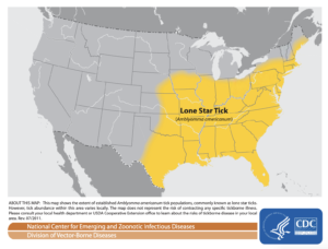 Map of the lone star tick territory in the United States, which goes as far West as Texas, as far North as Missouri and Ohio, and as far Northeast as Southern Maine.